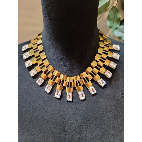 Women's Gold Tone Statement Necklace With Clear Rectangular Crystals By Qian Kuo - Picture 1 of 8